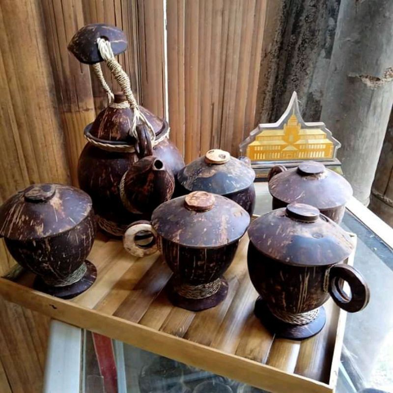 cangkir kopi set batok kelapa unik Jadul Natural alami beserta teko/ceret unik tempurung kelapa cang