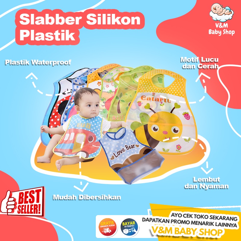 VnM011 | Celemek Makan Bayi Anti Air Waterproof / Slabber Silikon Plastik / Perlengkapan Bayi