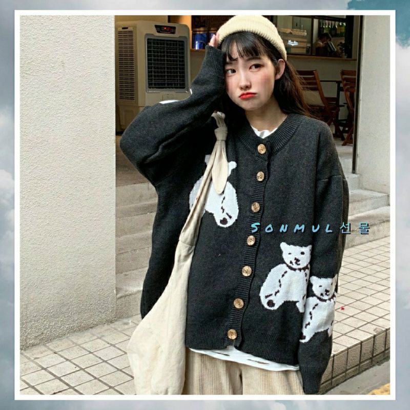 IMPORT WOMAN KNIT CARDIGAN KNITWEAR OUTER BEAR KARDIGAN RAJUT WANITA IMPOR MUSIM DINGIN