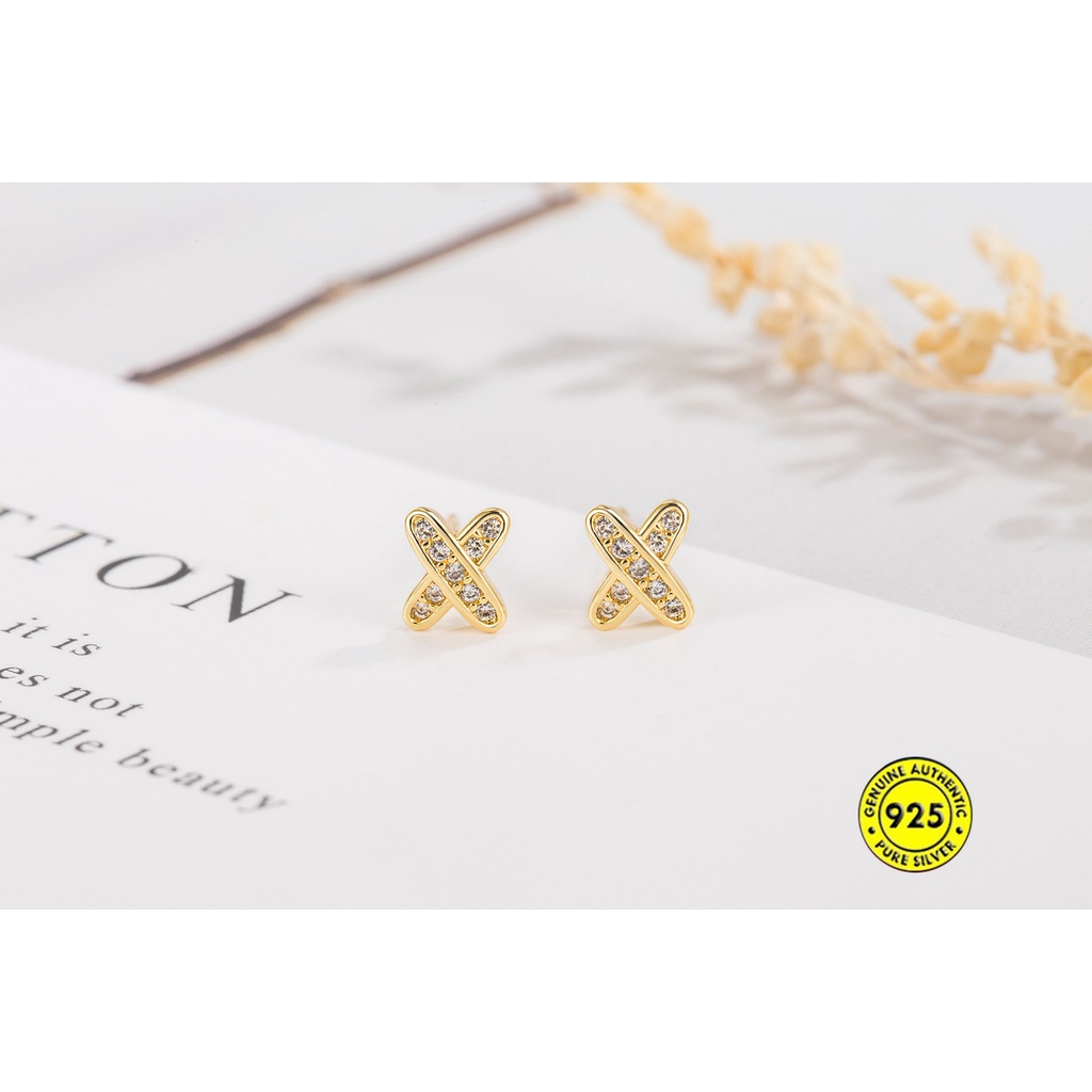 Anting Tusuk Bentuk Huruf X Hias Berlian Imitasi Untuk Wanita U1034