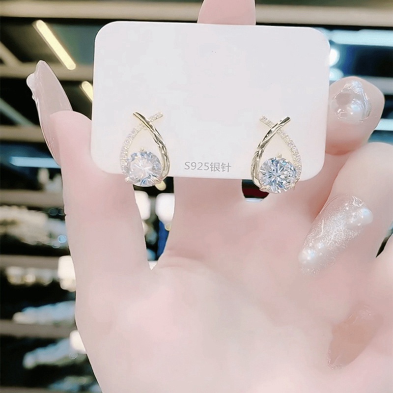 Anting Stud 925 Sterling Silver Model Silang Aksen Zirkon