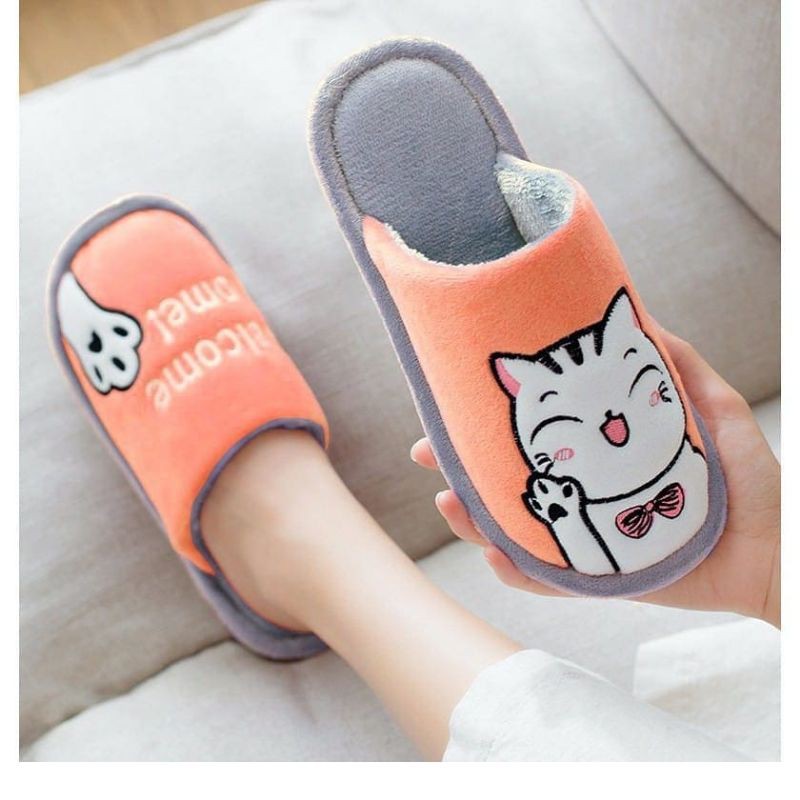 Sandal Rumah Hotel Empuk Nyaman Indoor Halus Motif Kucing lucu Garis Slipper