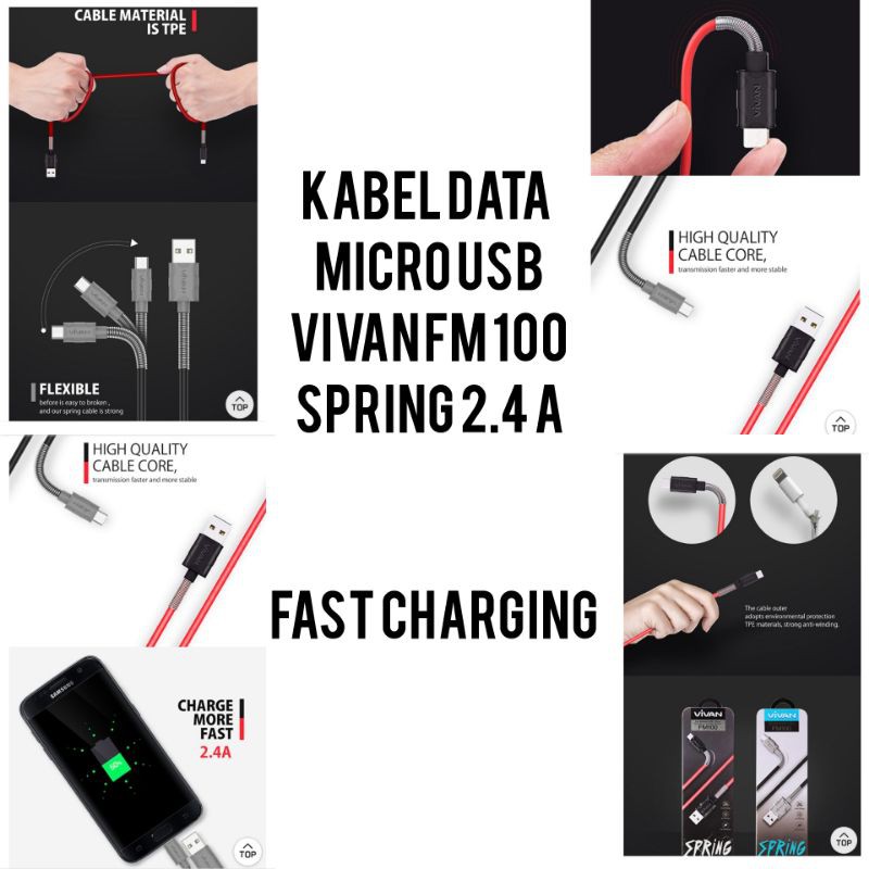 Kabel Charger Vivan FM100 2.4A 1M Spring Micro USB Data CableOriginal Vivan 100%