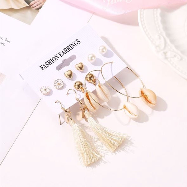 OILA anting set 6 pasang natural shell tassel daisy love earrings (3E3) jan197