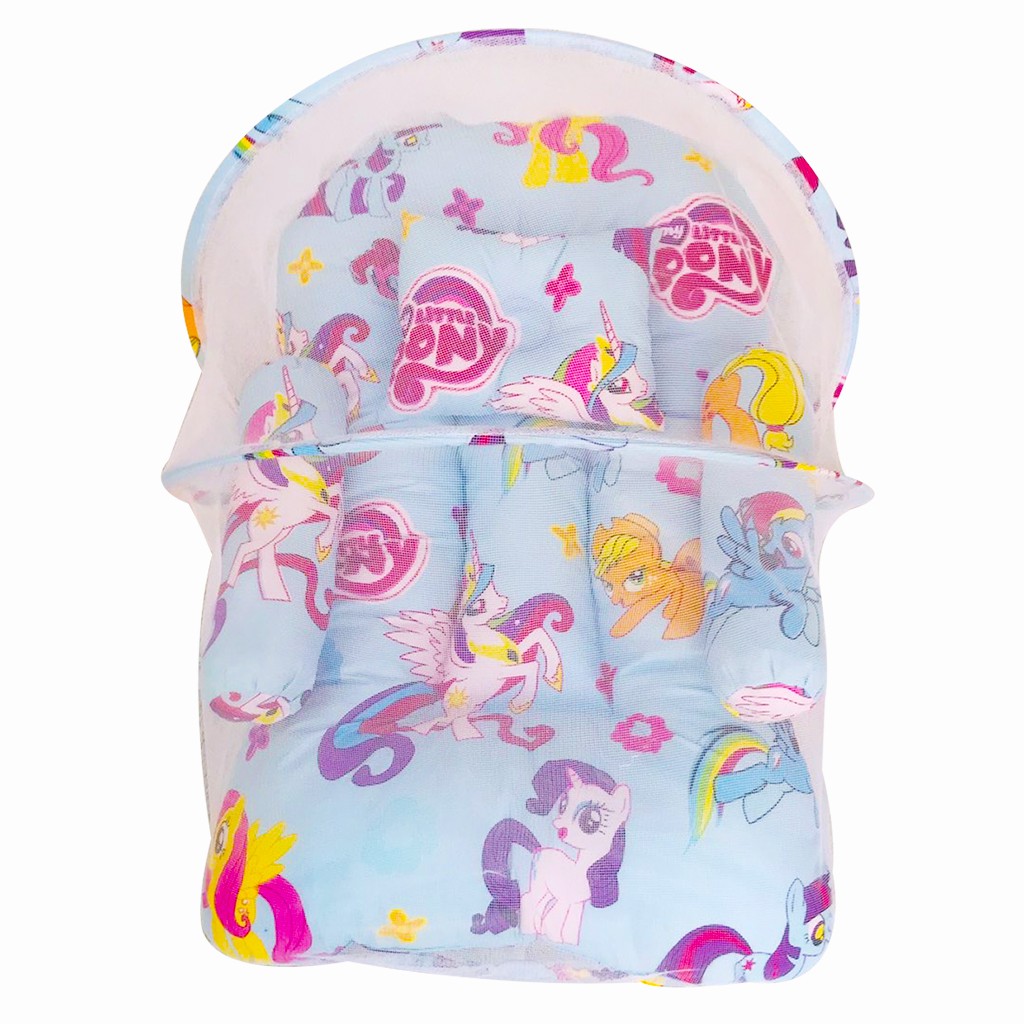 Kasur Bayi Kuda Pony Biru Berkelambu Set Bantal &amp; Guling / Keranjang Bayi Anti Nyamuk Lucu