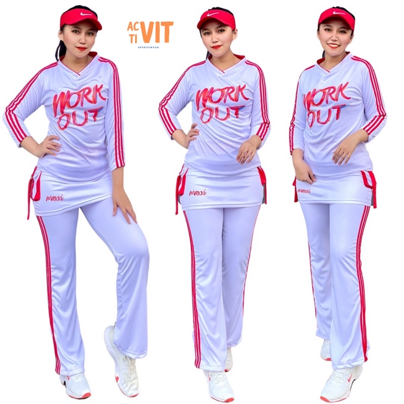 Set Baju Olahraga Senam Merah Putih Rok Workout Setelan  Gym Fitness Yoga Cycling Running Jogging Go