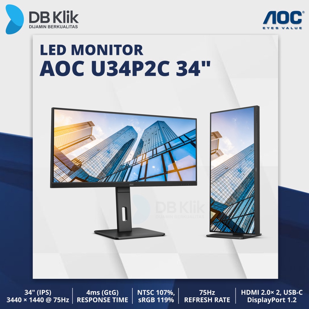 LED Monitor AOC U34P2C 34&quot; IPS 75Hz WQHD HDMI DP USB-C - AOC U34P2C/70