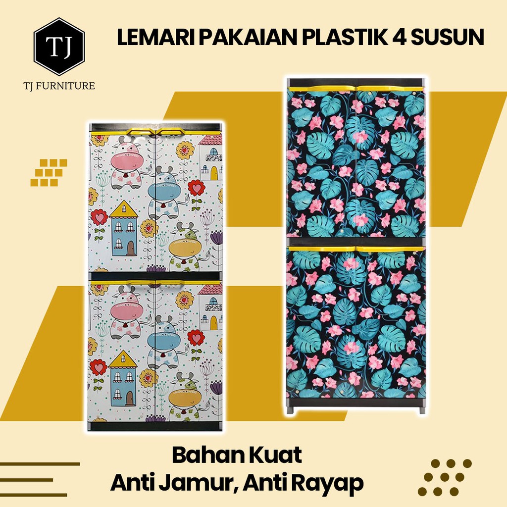Lemari plastik / Lemari pakaian/Lemari anak 4 Susun Miami orlando Sapi, Bear, Owl, Deer.