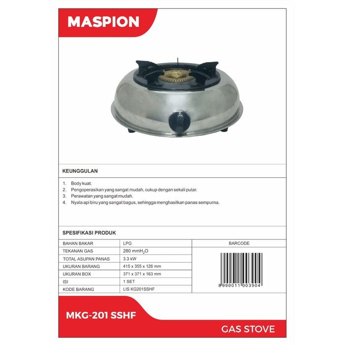 MASPION MKG 201 SSHF - Kompor Gas 1 Tungku Tekanan Rendah Stainless