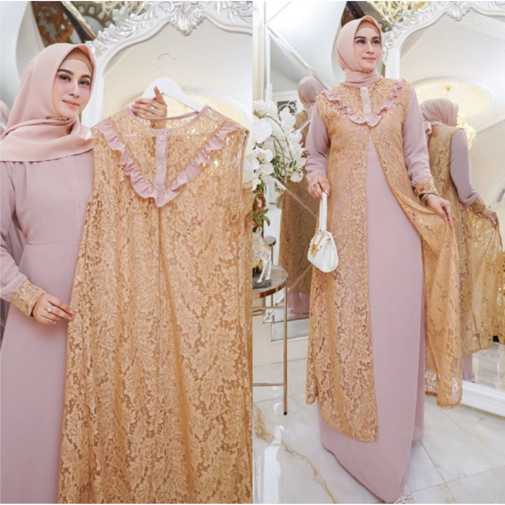 FenishaStore MALIKA Maxi Dress Set 2in1 Gamis Maxi + Outer Terbaru Bisa Bayar Ditempat COD