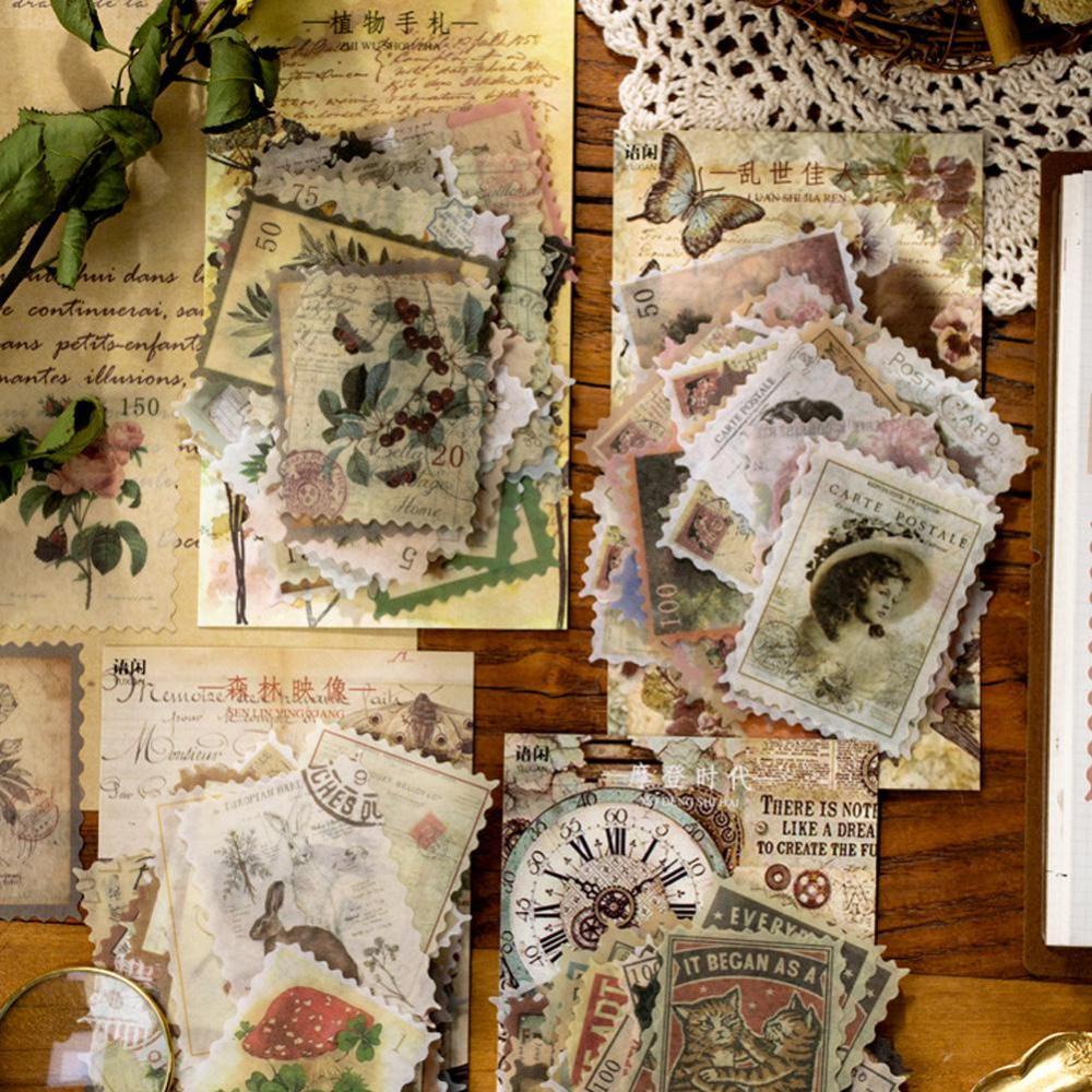 Timekey 60Pcs / Pak Stiker Stempel Vintage Tema Old Time Untuk Dekorasi Diary / Amplop A4K1
