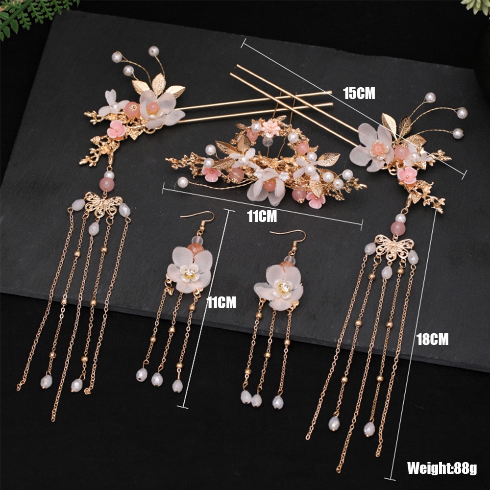 Needway  Hair Jewelry Hanfu Hair Stick Hair Clips Earrings Headwear Sets Women Flower Tassel Hairpins Chinese Crystal Hair Comb/Multicolor