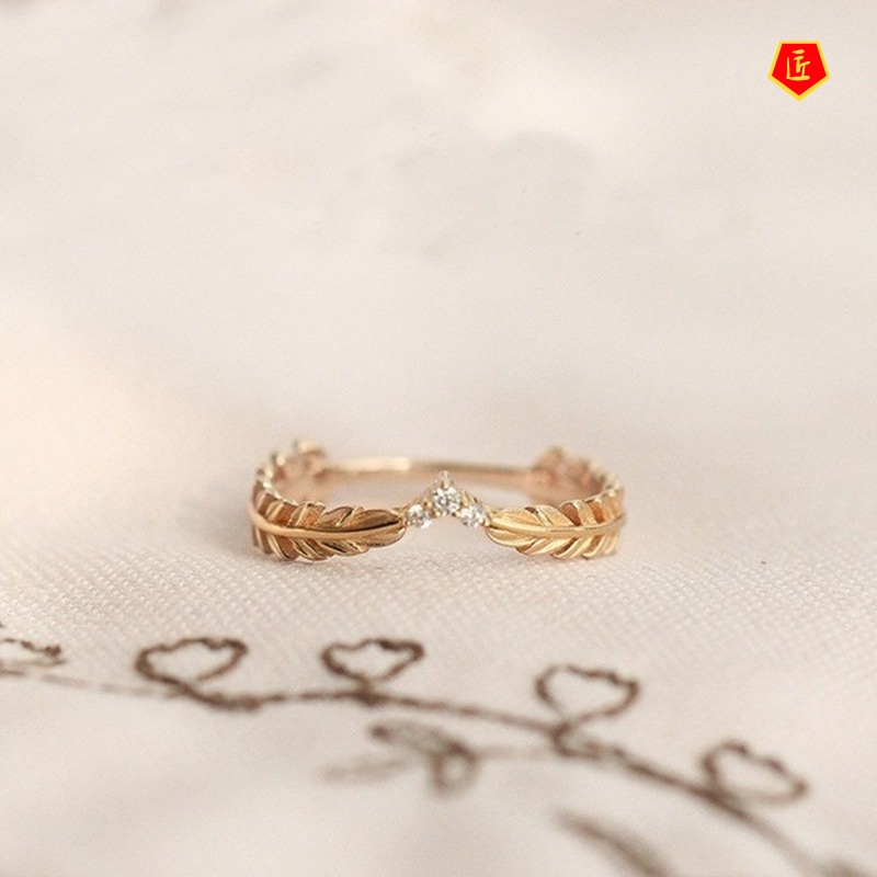 [Ready Stock]Creative Simple Gold Leaf Diamond Ring