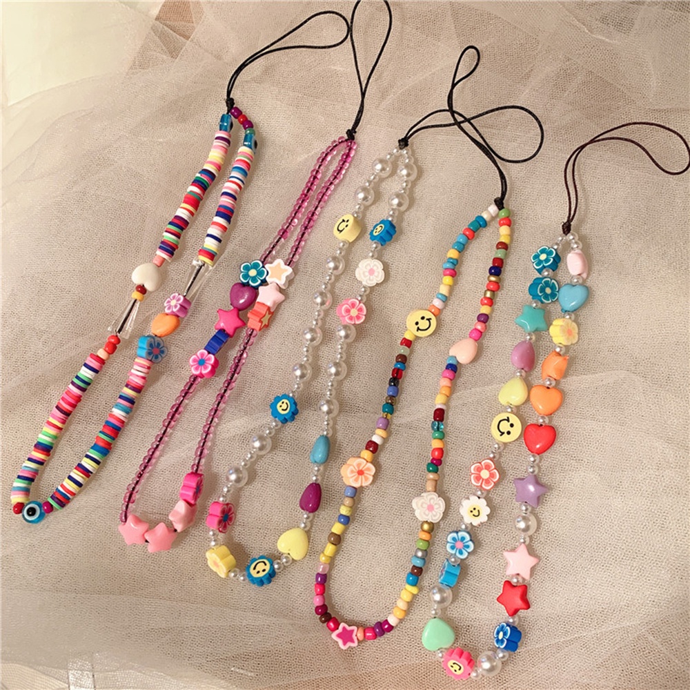 【COD Tangding】Tali Lanyard Ponsel Desain Manik-Manik Mutiara Bahan Akrilik Gaya Bohemian