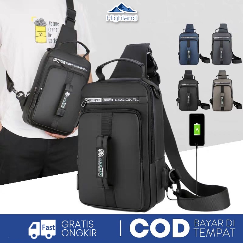 COD Highland Tas Selempang Pria Sling Bag Tas Selempang Charge USB Anti Air Waterproof IMPORT TS702