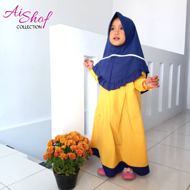 Gamis Stelan Anak Perempuan Polos Umur 2 3 4 Tahun Kuning Dongker