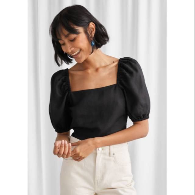 Ciara Black Puff Sleeve | abbey_id | Crop Top Square Neck Linen Blouse