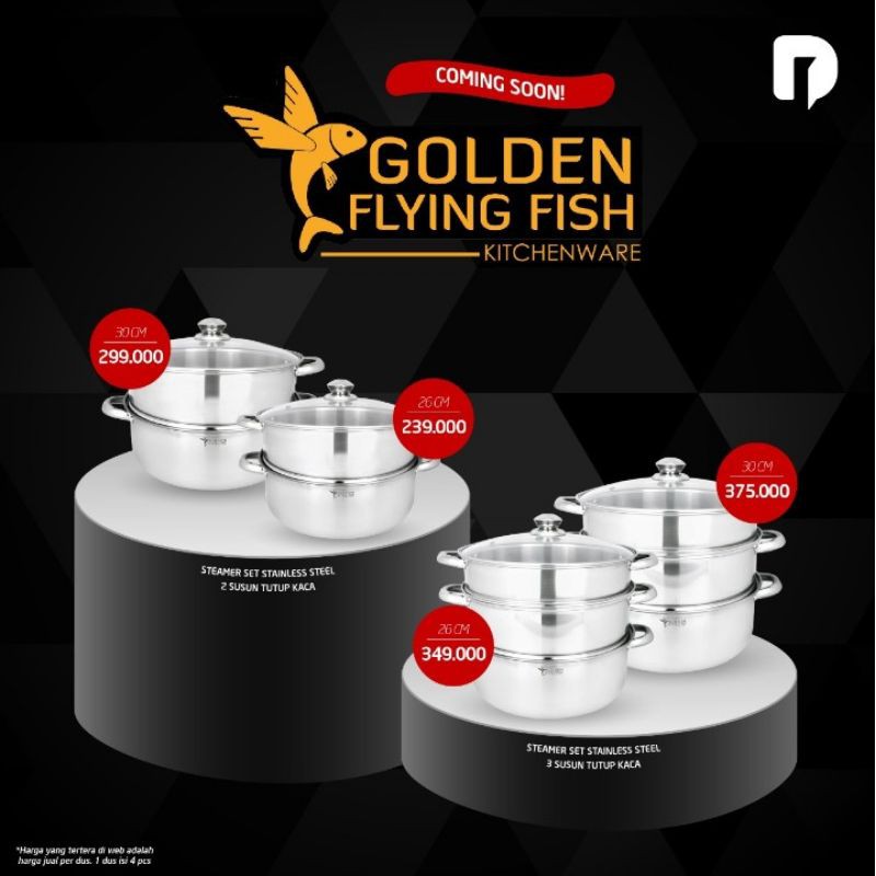 Golden Flying Fish Steamer Set Stainless Steel 3 susunTutup Kaca
