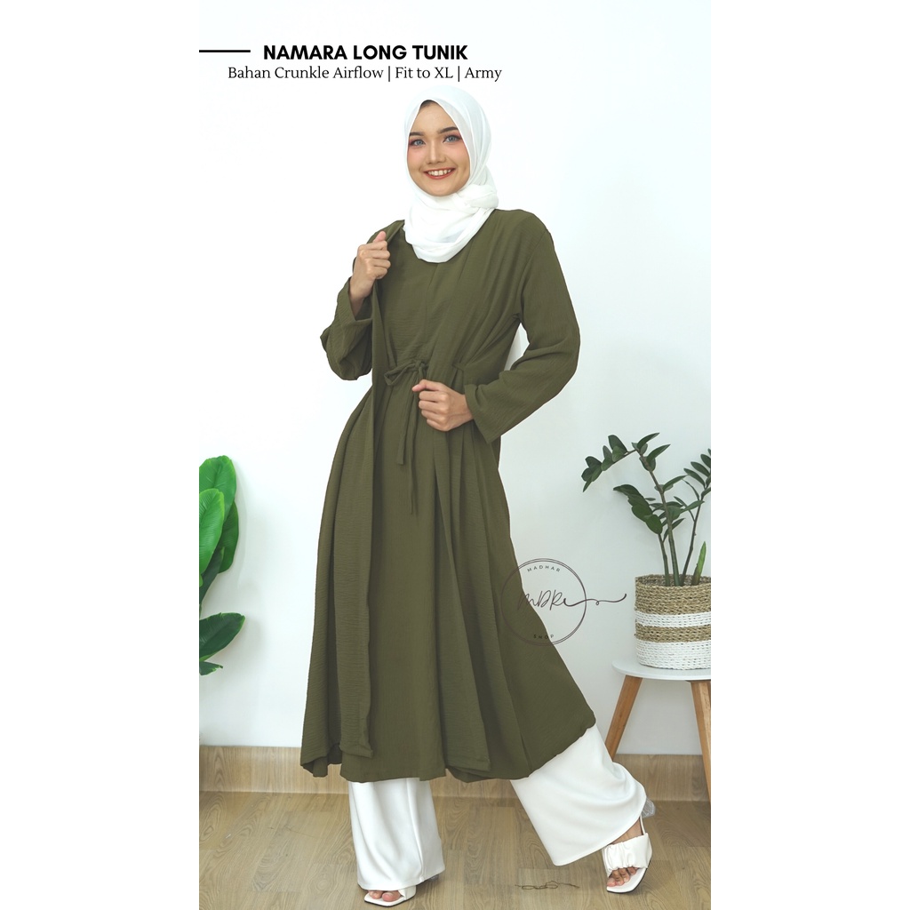 Namara Long Tunik  Crinkle  Jumbo polos model tali pinggang Busui Import Premium Fit to XL Ld 112Terbaru Kekinian