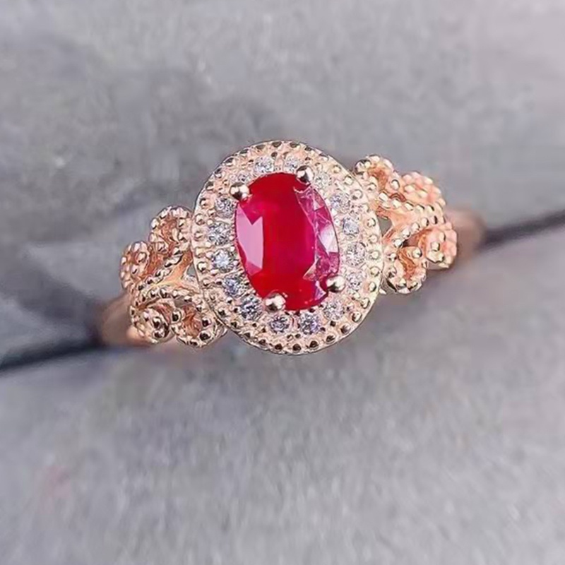 Cincin Wanita Bentuk Geometri Oval Hias Cubic Zirconia AAA Warna Merah Untuk Pernikahanpertunangan