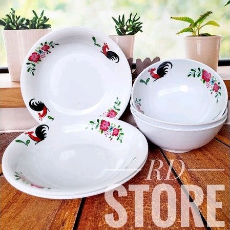 PROMO 6.PCS ISI 3.PIRING DAN 3.MANGKOK AYAM JAGO BAHAN MELAMINE WARE TEBAL DAN ANTI PANAS