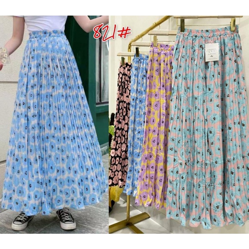 Korean Chiffon Flower Pleated Long Skirt Import Premium ( Rok Sifon Korea Prisket Panjang )