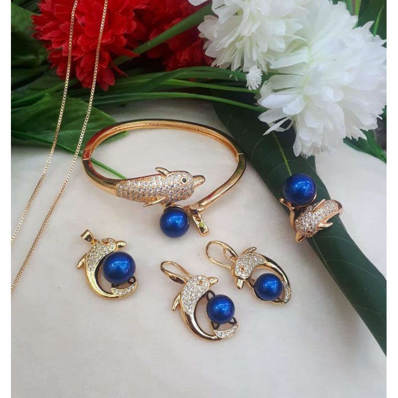 SET PERHIASAN MUTIARA AIR TAWAR RANGKA RHODIUM BENTUK LUMBA-LUMBA