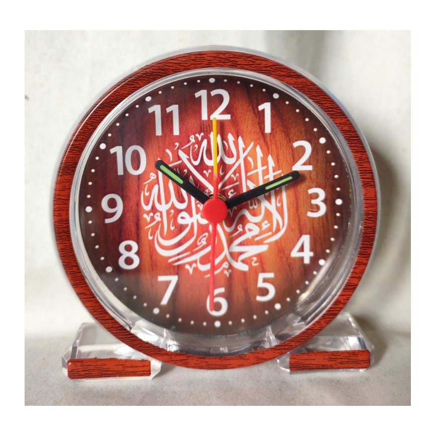 Jam Meja Kaligrafi Arab Alarm Clock Motif Kayu Warna Coklat Free Baterai