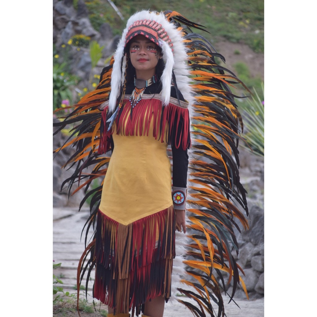 TOPI INDIAN - INDIAN HEADDRESS LONG AYAM BILABONG ORANGE FUR PUTIH