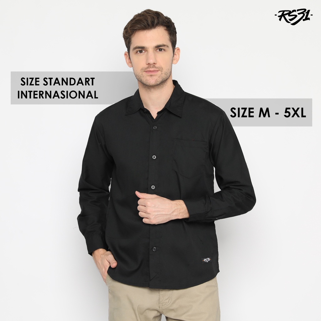 RS31 Baju Kemeja Alaska Shirt Black Basic Cowok Jumbo - Kemeja Lengan Panjang Pria Hitam Polos Super Big Size