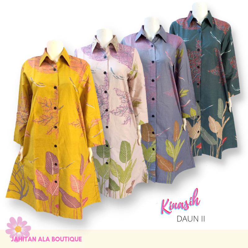 KINASIH DAUN - Tunik Batik Muslimah Kerah Kemeja, Gaun Batik Pesta Kerja