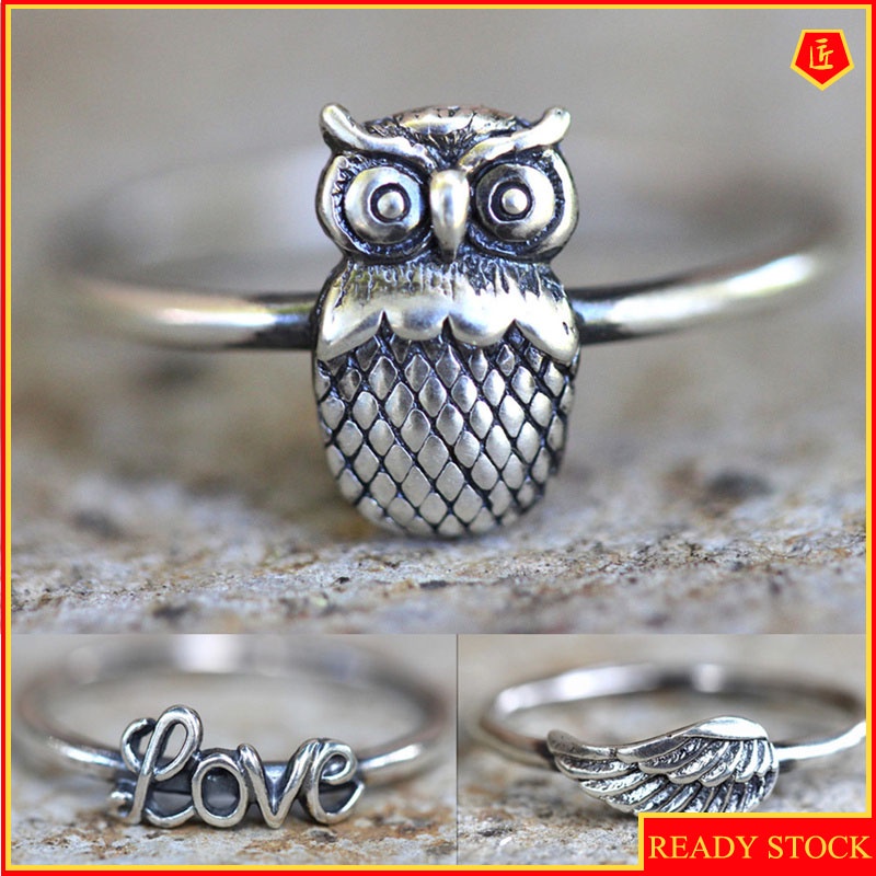 [Ready Stock]S925 Vintage Silver Owl Ring Love Feather Wings