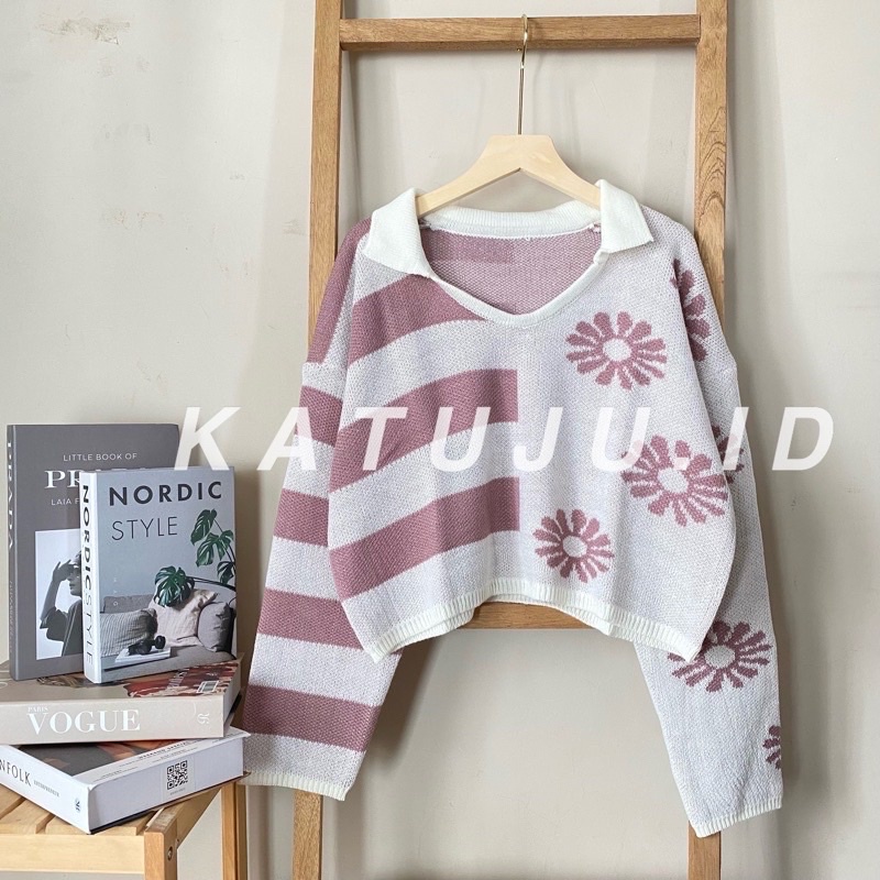 SWEATER CROP RAJUT FLOWER STRIP MODEL PENDEK