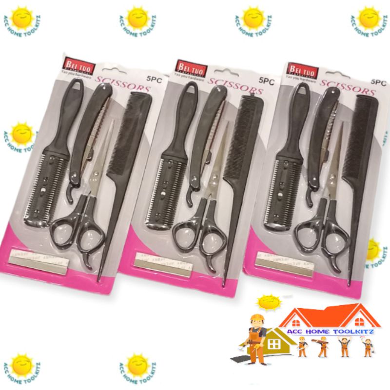 Gunting Potong Rambut Cukur Lipat Sisir Sasak Set 5 Pcs Putih Merah / Zigzag Shaggy Combi + Scissors