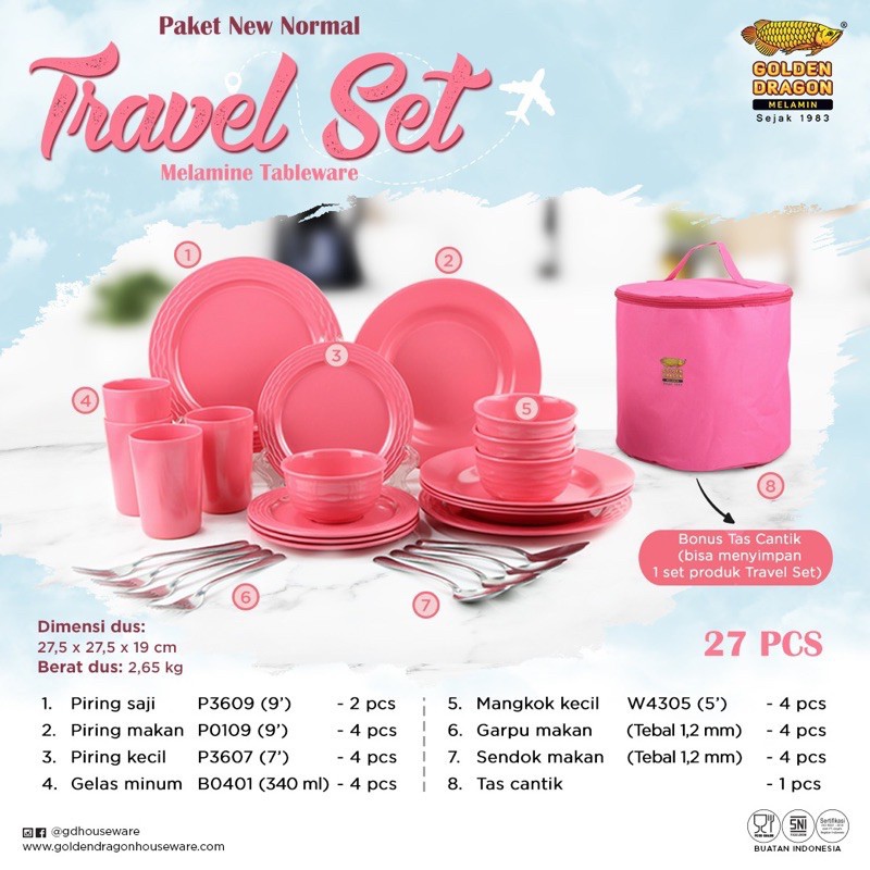 Travel Set Piring Golden Dragon 27pcs Paket New Normal