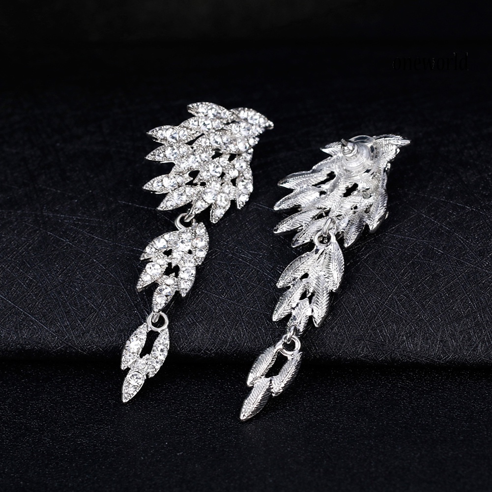 OW@ Elegant Full Rhinestones Wing Dangle Drop Pierced Earrings Women Wedding Jewelry