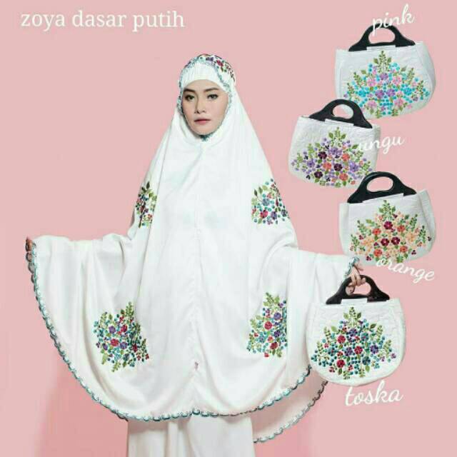 TJA - Mukena Dewasa ZOYA - Dasar Putih Motif Bordir Warna Cantik - HOT PROMO SALE