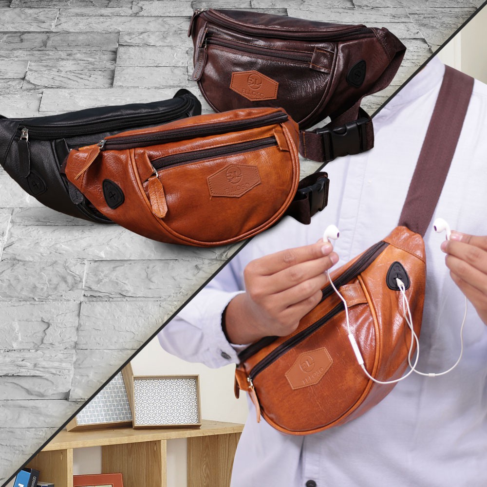 TAS PRIA WAISTBAG COWOK FUNGSIONAl ADA LUBANG BUAT HEADSET BAHAN BERKUALITAS EWL03