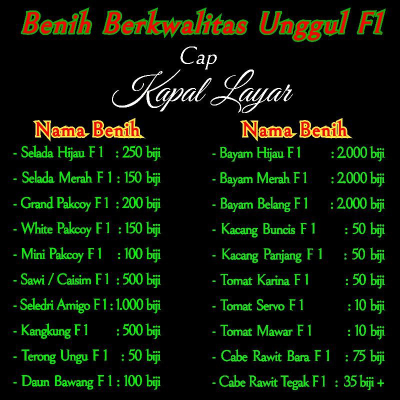 KUMPULAN 20 JENIS BENIH SAYURAN UNGGUL F1 