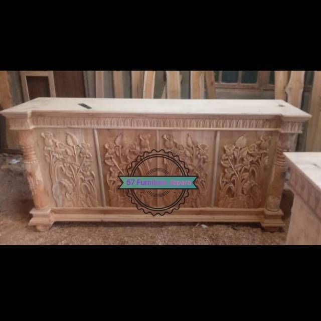 Meja panjang pembatas ruangan jati - Bufet lemari pendek ruang tamu jati ukir mentahan