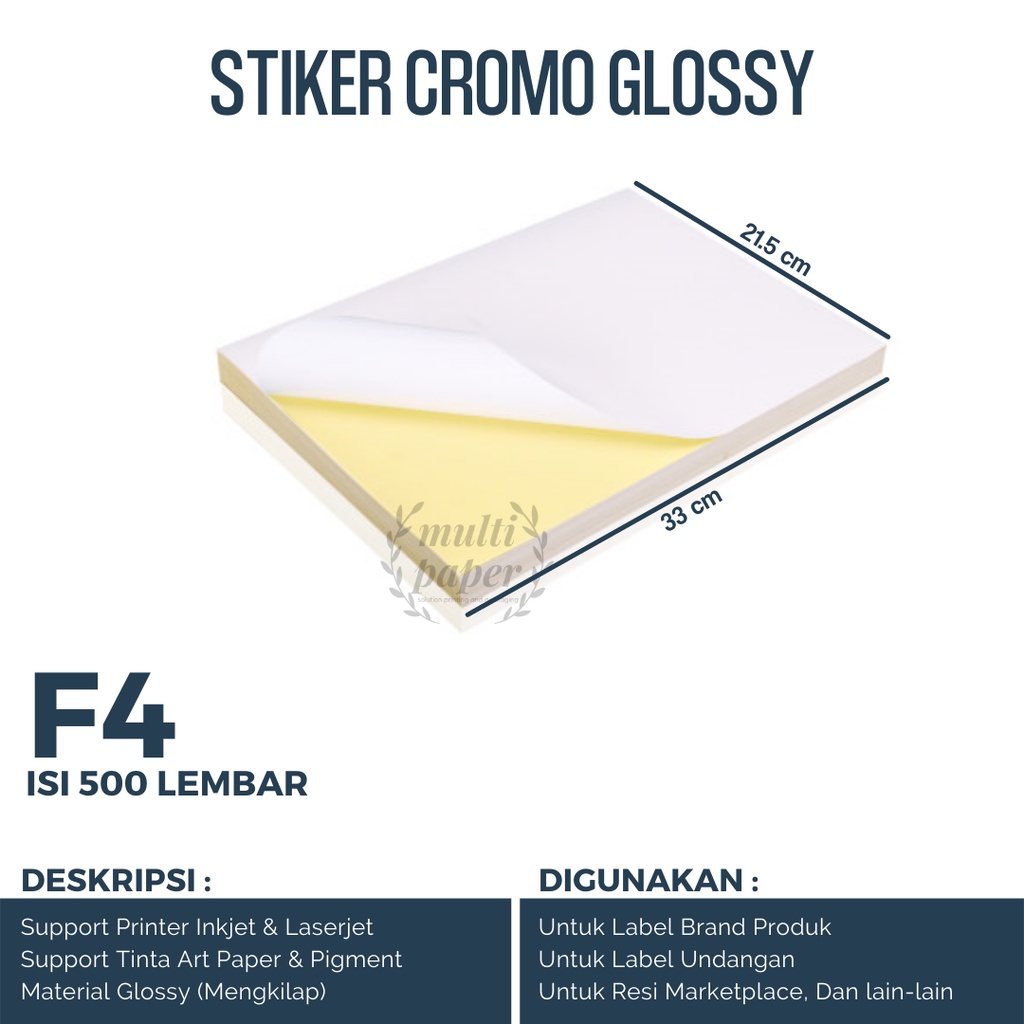 

Kertas Stiker Glossy F4 isi 500 lembar / Stiker Cromo Glossy F4