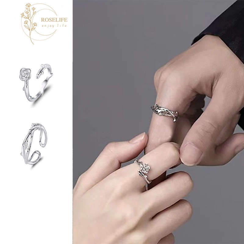 Set Cincin Model Terbuka Desain Ranting Bunga Mawar Mekar Warna Silver Untuk Pasangan