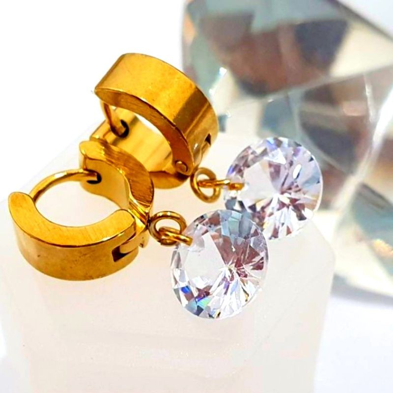 Anting titanium permata swarovski / Anting jepit wanita perhiasan lapis emas