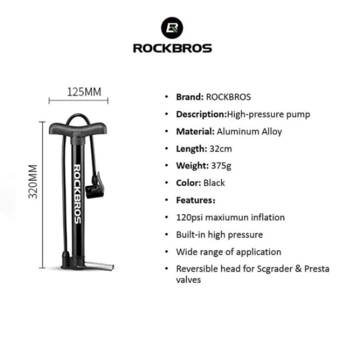 Pompa sepeda Rockbros 120 psi rockbros A-320 bike air pump aluminium