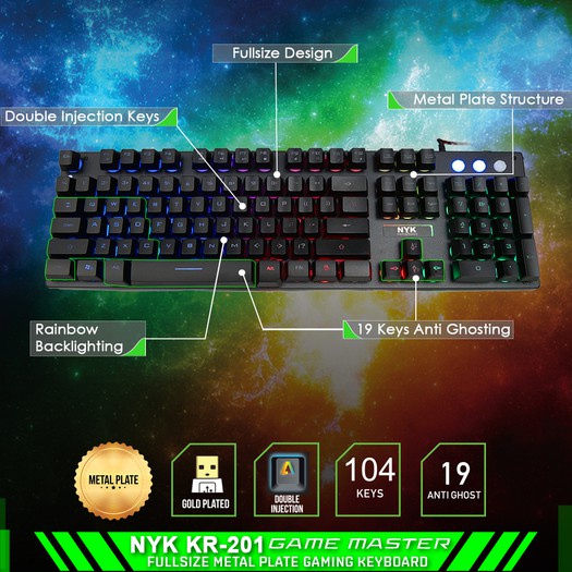 NYK KR-201|KR201 GAMEMASTER Keyboard GAMING Rainbow Back Light - FullSize