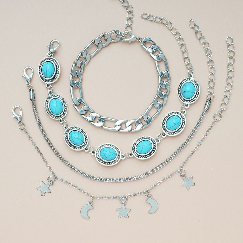 4pcs / Set Gelang Rantai Multilayer Desain Bulan Bintang Turquoise Untuk Wanita