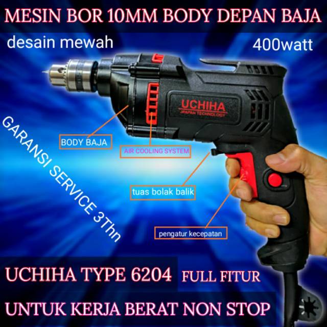 Mesin bor 10mm uchiha type 6204 full fitur dan bonus drill listrik kayu besi tembok