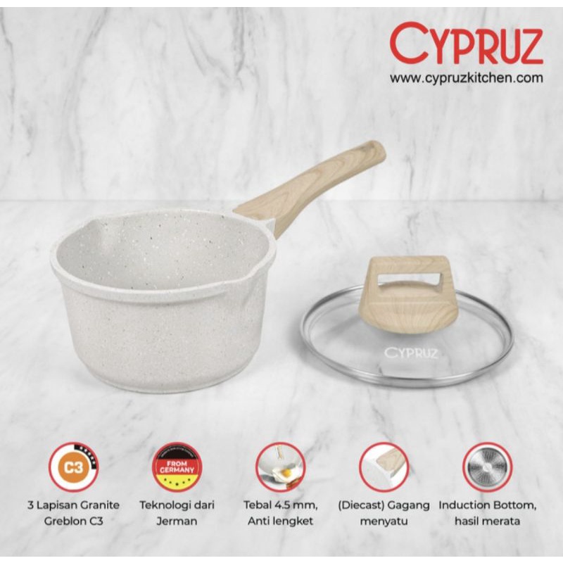 SN 0332 SAUCEPAN panci + tutup kaca 18cm WHITE GRANITE GREBLON cypruz