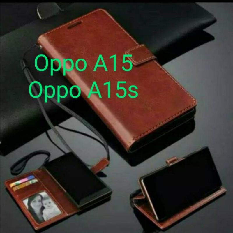 Oppo A15 A15s A35 S Leather Flip Cover Case Sarung Dompet Kulit Wallet Casing Book Folio Cover