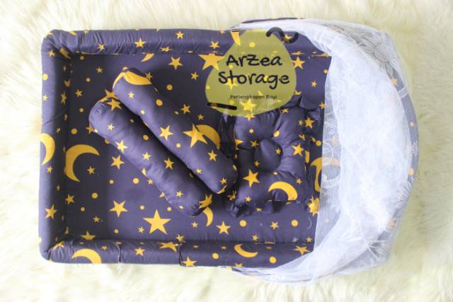 Kasur bayi kelambu set bantal guling kolam bulan bintang navy